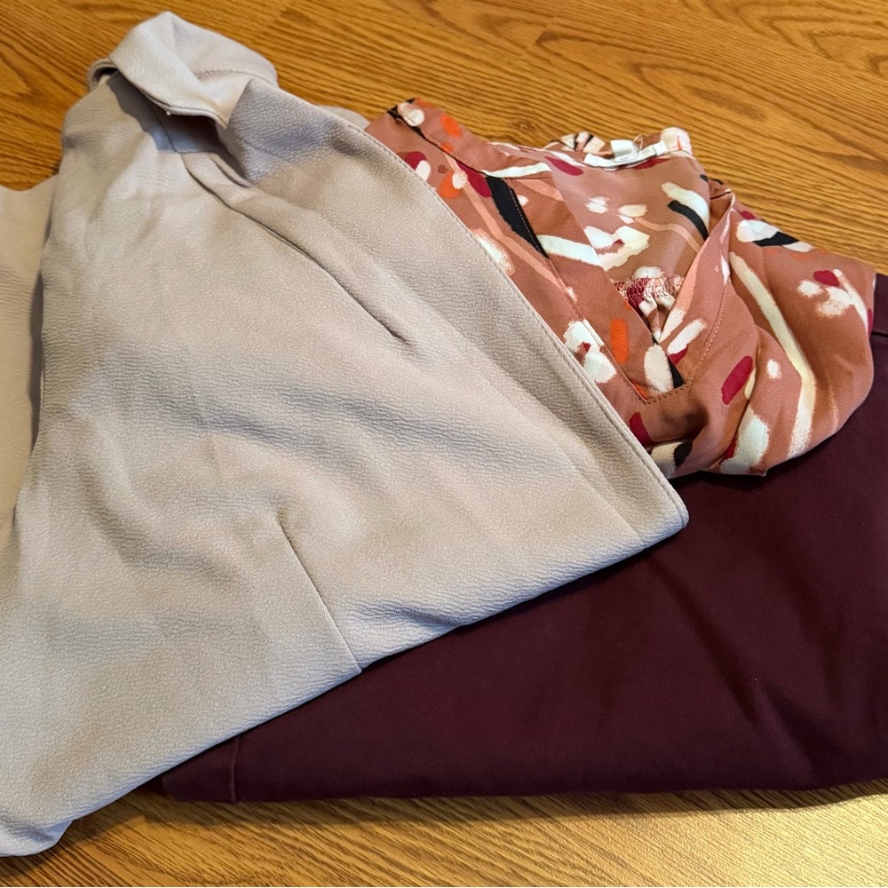 Maurices Rose Blazer with Abstract Blouse and Burgundy Old Navy Boot Cut pants.
